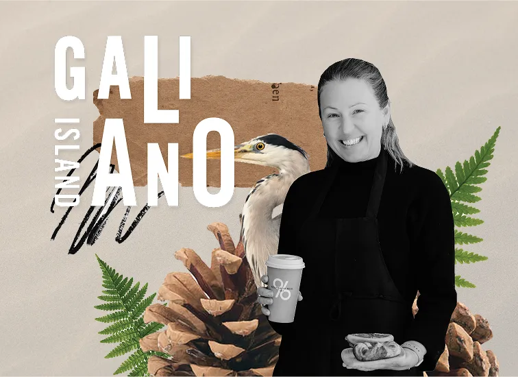 Woman standing with a coffee cup infront of a collage of nature items